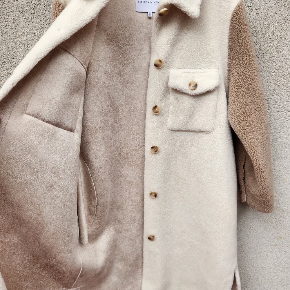 REBECCA MINKOFF Women's Teddy Sherpa Shirt Jacket Extra Large Cream Tan Faux Fur - Picture 6 of 11